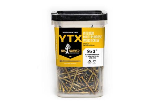 A plastic container of Big Timber YTX interior multi-purpose wood screws, size 9x3 inches, with gold screws visible inside.