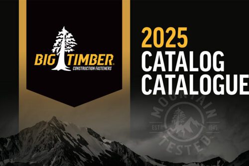 Cover of the 2025 Big Timber Construction Fasteners catalog, featuring a mountain graphic and the company logo with a tree.
