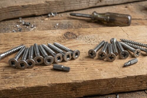 Plusieurs vis métalliques, deux embouts de vissage et un tournevis sont disposés sur une surface en bois avec des marques d'outils visibles.