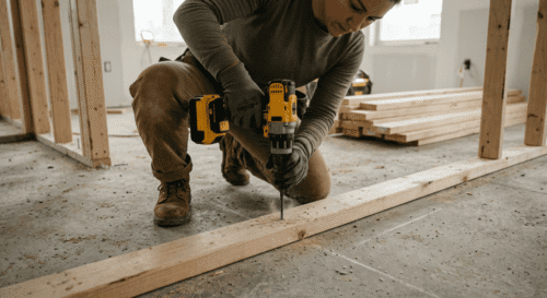 Une personne utilise une perceuse sans fil pour fixer une vis dans une poutre en bois sur le sol d'un chantier de construction avec du bois en arrière-plan.